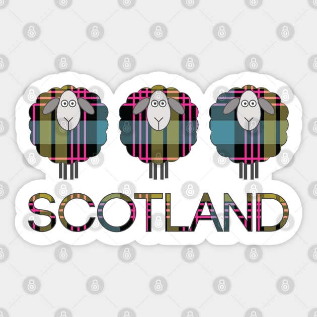 Trio of Scottish Pink, Blue and Yellow Tartan Patterned Sheep Sticker by MacPean